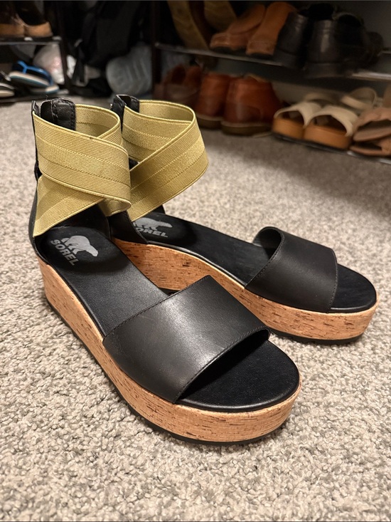 Sorel Shoes - Sorel Women's Black Platform Sandals with Olive Wrap Ankle Straps